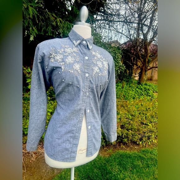 JANE ASHLEY 80’S Vintage Gray blue Embroidered Women’s Shirt - Picture 1 of 6